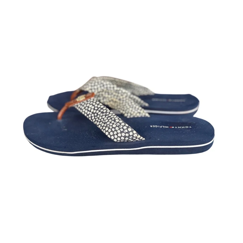 Tommy Hilfiger Womens Navy Blue Daisy Floral Flip Flop Sandals 9/10‎ Gold Logo